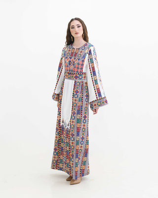 Embroidered Palestinian thobe in white with multicolor hues — ASHI