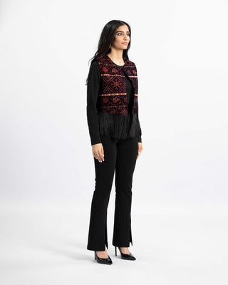 Sleeveless open-front embroidered black-velvet short vest — ASHI