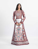 Palestinian bridal thobe with multicolor tatreez cross-stitch embroidery on a white base — ASHI