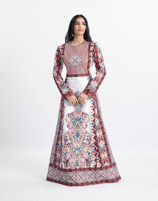 Palestinian bridal thobe with multicolor tatreez cross-stitch embroidery on a white base — ASHI