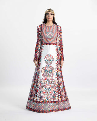 Palestinian tatreez embroidery detail on the Celestial Bliss bridal thobe — ASHI