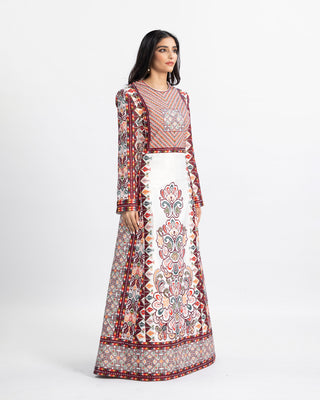 Modest Palestinian bridal thobe with tatreez cross-stitch embroidery — ASHI