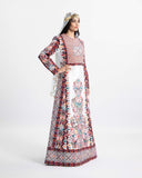 Model in the Celestial Bliss Palestinian bridal thobe — white modest wedding dress with tatreez embroidery — ASHI