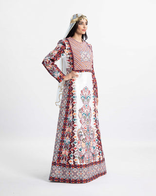 Model in the Celestial Bliss Palestinian bridal thobe — white modest wedding dress with tatreez embroidery — ASHI