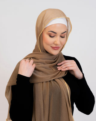 Luxe Golden Sands crepe hijab with gold-line trim — ASHI