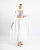 Model in the Mountain Mist embroidered Palestinian henna dress with flowing chiffon sleeves — ASHI