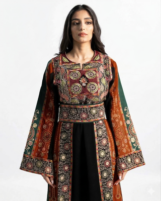 Orange embroidered Palestinian thobe maxi dress — ASHI