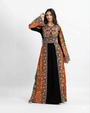 Ramallah Sunrise embroidered Palestinian thobe in vibrant orange — ASHI