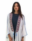 Women's bisht-style abaya with embroidered front bands and contrast piping — ASHI