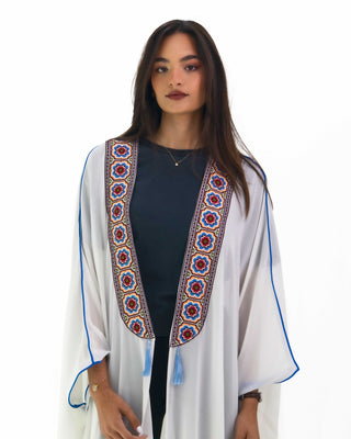 Women's bisht-style abaya with embroidered front bands and contrast piping — ASHI