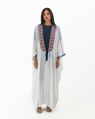 Embroidered open-robe abaya with wide draped cape sleeves — ASHI