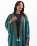 Bisht-style abaya with wide draped cape sleeves and embroidered detailing — ASHI