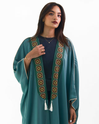 Bisht-style abaya with wide draped cape sleeves and embroidered detailing — ASHI