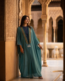Royal Bisht of Alnaqab women's bisht-style abaya in pearl white — embroidered open robe with wide draped sleeves — ASHI