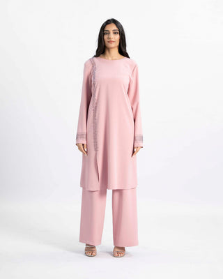 Embroidered long blouse and wide-leg pants in beige — ASHI