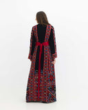 Embroidered Palestinian thobe in deep night tones — ASHI
