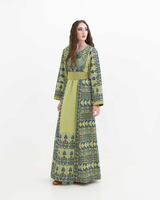 Detail of olive-toned embroidery on the Olive of Bisan thobe — ASHI