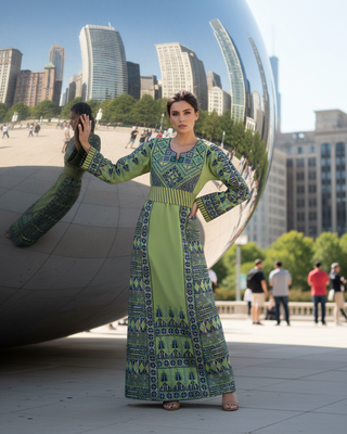 The Olive of Bisan embroidered Palestinian thobe in olive tones — ASHI