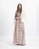 Model in the Tulkarm Heritage embroidered Palestinian thobe with belt — ASHI