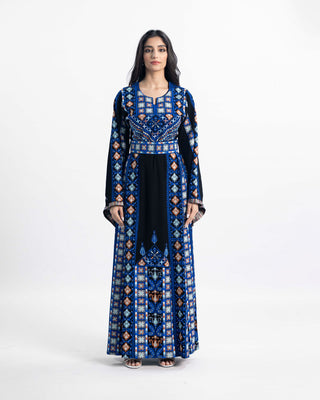 Embroidered Palestinian thobe maxi dress in black and blue — ASHI
