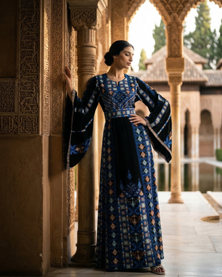 Whispering Waves Qalqilya embroidered Palestinian thobe with blue tatreez on black — ASHI